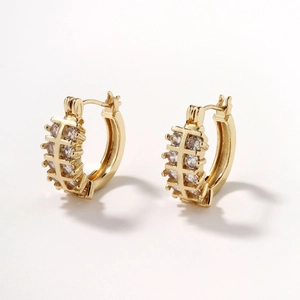 Exquisite gold-plated copper hoop earrings with tiered cubic zirconia inlay and modern design