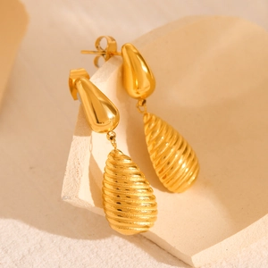 Minimalist 18k gold stainless steel water drop earrings with textured threaded design