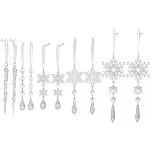 Detailed view of clear acrylic Christmas ornaments including icicles and snowflakes