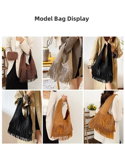 Detail view of boho fringe shoulder bags in brown, beige and black suede leather