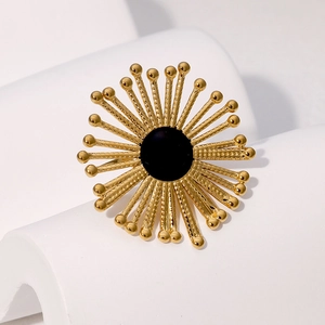 Vintage gold-plated stainless steel sunflower ring with a black round gemstone center