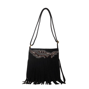 Vintage black bohemian suede crossbody bag with long fringes and beaded embroidery