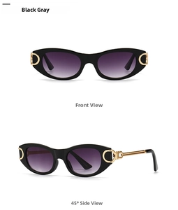 Detail view of oval cat-eye sunglasses with purple gradient lenses and gold chain temples