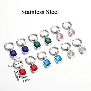Detailed view of colorful square crystal glass charms on stainless steel hoop earrings
