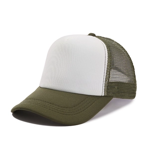 Detail view of the olive green and white mesh trucker hat with reinforced brim stitching