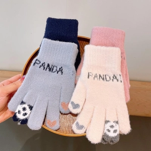 Winter knitted panda gloves with touchscreen tips in grey and pink yarn
