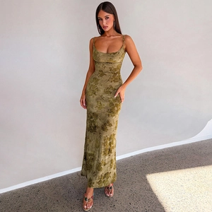 Detail view of the olive green tie-dye bodycon maxi dress with slender straps