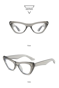 Vue détaillée de face et de côté des lunettes yeux de chat gris transparent avec charnières