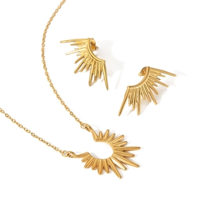 Luxury 18K gold plated stainless steel sunburst pendant necklace and earrings jewelry set