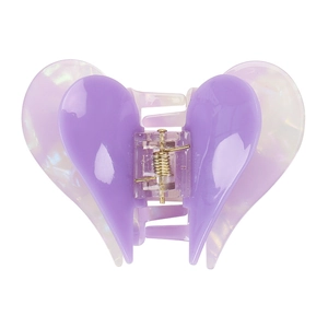 Close-up of heart-shaped acetate hair claw clip in purple and pearlescent white