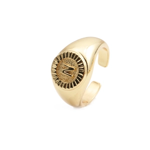 Gold plated copper signet ring with engraved letter N and adjustable open band design