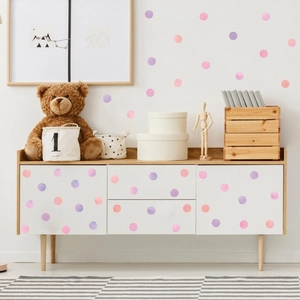 Bohemian watercolor polka dot wall stickers in pastel pink and purple for baby nursery