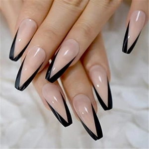Detail of long coffin press-on nails featuring a black French V-shape tip design