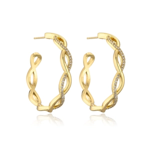 Elegant gold C-shaped twisted earrings with zircon stones on a clean white background