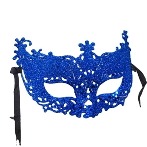 Blue sequin crown masquerade mask with floral lace details and black ribbons