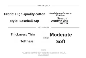 Detailed size chart and specifications for the cotton baseball cap for autumn and winter