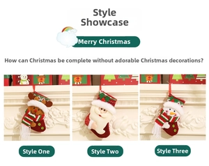 Detailed view of three Christmas stockings with Santa, reindeer and snowman designs