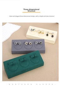 Detailed view of 3-slot microfiber jewelry stands in beige, grey, and emerald green