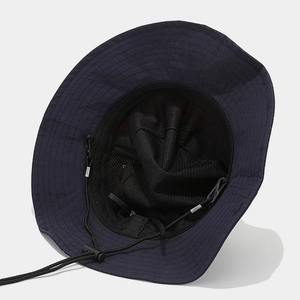 Navy blue sun bucket hat with breathable mesh lining and adjustable chin strap