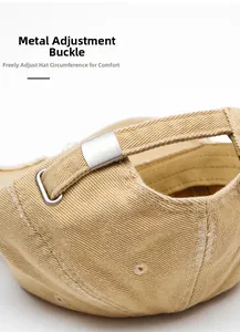 Close-up of adjustable metal buckle on khaki cotton baseball cap for custom fit