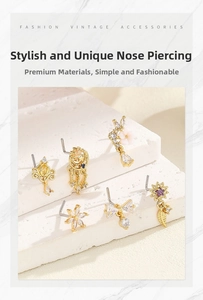 Detailed view of 6-piece 18k gold plated copper L-shape nose studs with zircon inlays