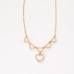 Elegant gold heart pendant necklace featuring six small hearts and white shell inlay