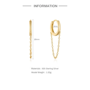 Detailed size specifications of 925 sterling silver chain earrings with golden finish