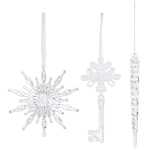 Set of 3 clear acrylic Christmas ornaments featuring snowflake, key and icicle shapes