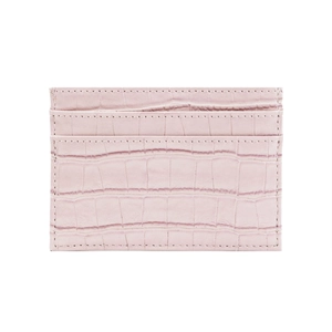 Close-up of pink faux leather card holder with crocodile pattern and tidy stitching