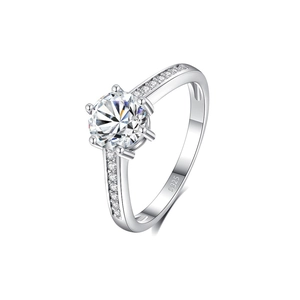 Elegant 1 carat Moissanite ring in S925 silver with a V-shaped six-prong setting and side diamonds