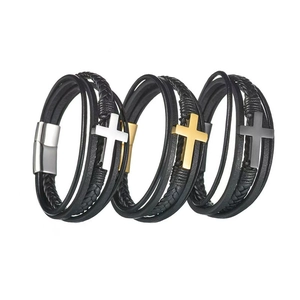 Bracelet En Cuir Tressé Multicouche Pour Homme Avec Charme De Croix En Alliage Style Punk Rétro Fermoir Magnétique