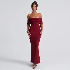 Detail view of burgundy off-shoulder floor-length evening dress with slim fit silhouette
