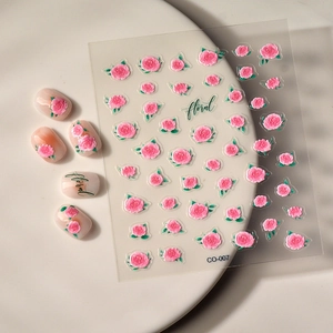Pink rose floral nail stickers with 3D jelly relief effect for elegant manicure design