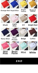 Detailed grid view showcasing 16 vibrant colors of soft cashmere-feel tasseled scarves