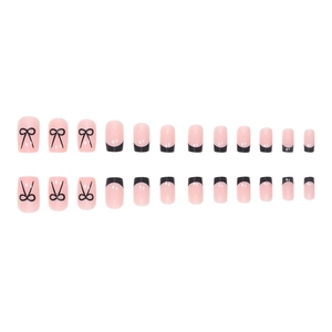 Pink French press-on nails with black bow graffiti design and tip finish, 24pcs set