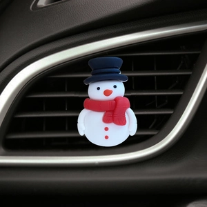 Close-up of a snowman car air vent aromatherapy clip made of white resin and blue hat