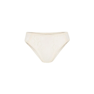 Close-up of floral lace texture and intricate mesh patterns on cream bikini panties