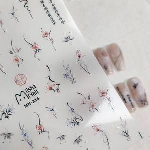 Matte cartoon nail stickers MN-316 with ink floral patterns and Chinese calligraphy