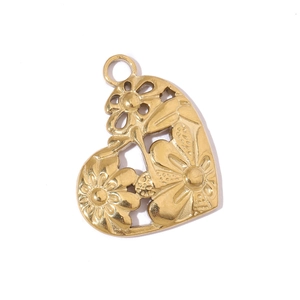 Detail of a vintage golden heart-shaped pendant with intricate floral hollow carvings