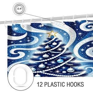 Detail of Christmas tree shower curtain with metal grommets and 12 plastic hooks