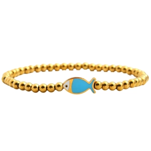 Polished stainless steel gold bead bracelet with cute blue fish enamel charm pendant