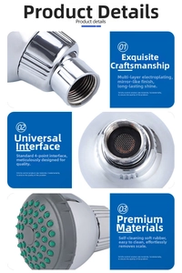 Detail of chrome shower head featuring self-cleaning silicone nozzles and 1/2 inch interface
