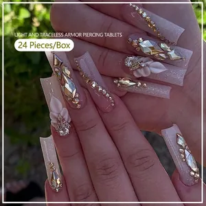 Luxurious long gradient pink press-on nails with 3D flowers and rhinestones