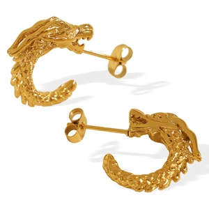 Retro golden C-shape dragon head stud earrings in polished stainless steel for women