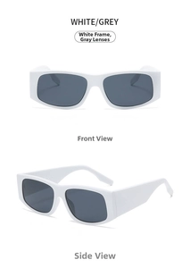 Front and side view of square white sunglasses with grey lenses and thick frames