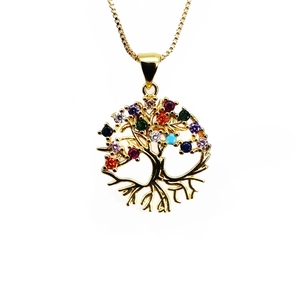 Detailed view of golden Tree of Life pendant with multicolored zircons on a fine chain