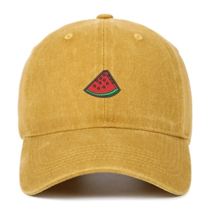 Detail of vintage washed cotton baseball cap with 3D embroidered watermelon on front