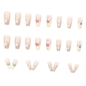 French star press-on nails set with champagne glitter and rhinestones on 24 pieces