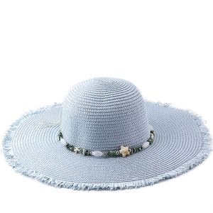 Women Wide Brim Straw Sun Hat UV Protection Beach Summer Travel Frayed Edge Beaded Starfish Shell Decoration Bohemian Style