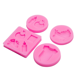 Pink silicone baby shower fondant mold set featuring stroller, bottle and onesie shapes
